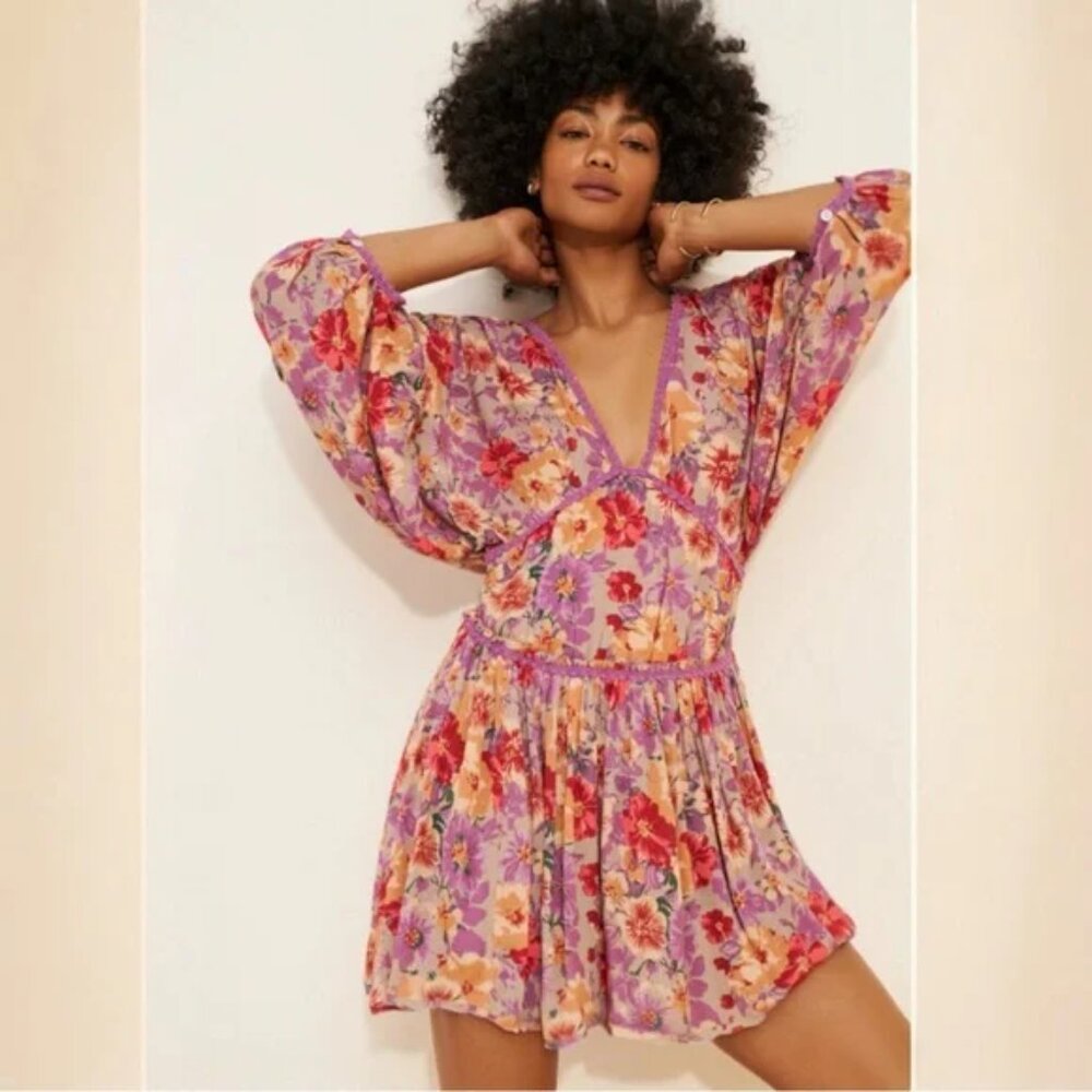 Free People Sweet Dreams Mini Dress Deep V Babydoll Boho Swing Floral Lace M - Picture 4 of 9